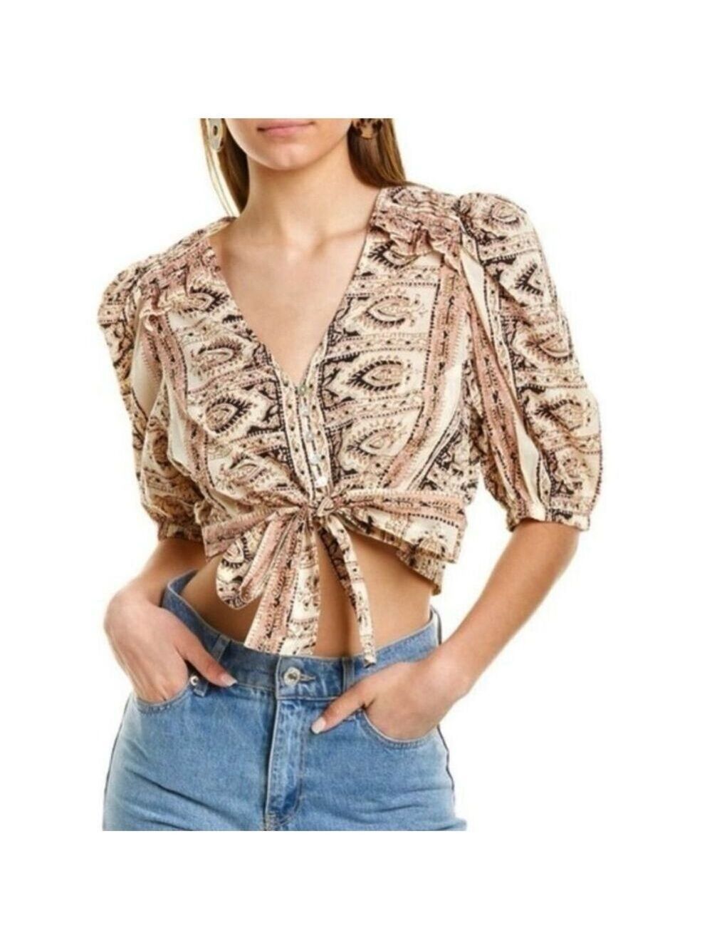 SALE! Anthropologie Cleobella Brigada Cream Pink Puff Sleeve Crop Blouse Medium